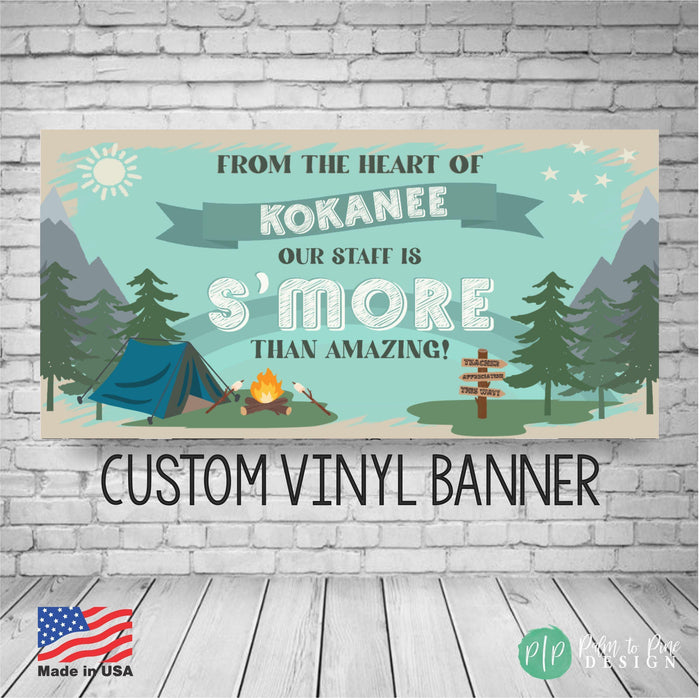 teacher appreciation personalized vinyl banner with an outdoor camping theme and s'mores vibe