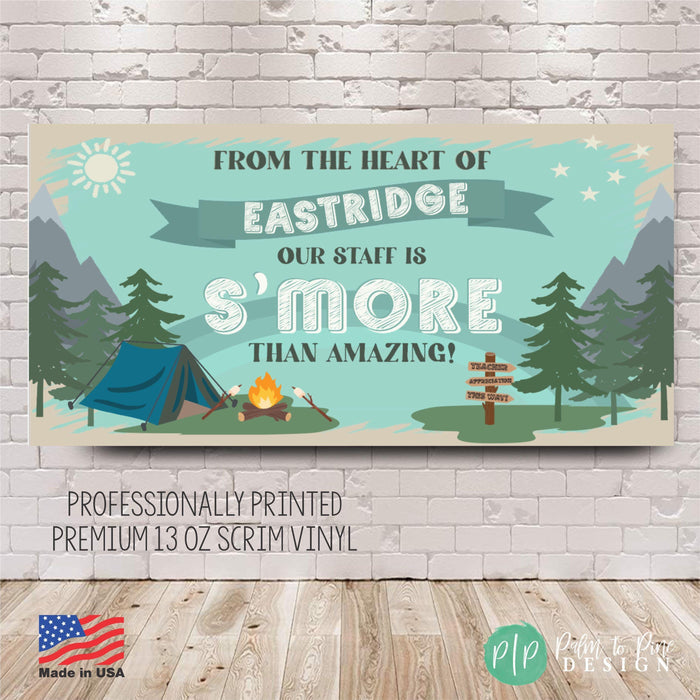 custom camping teacher appreciation banner with tent, fire, trees clipart
