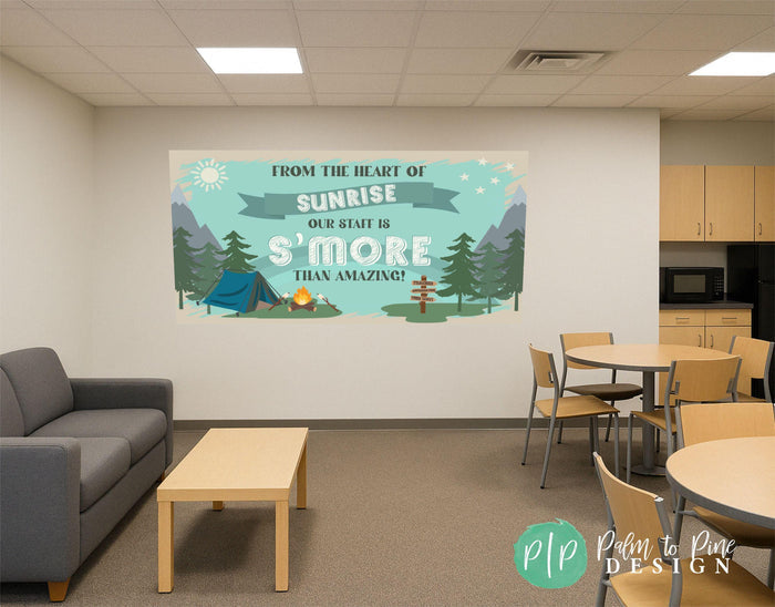 Teacher & Staff Appreciation Week banner with a cozy campfire/s’mores vibe for a nature/camping theme staff appreciation week displayed in the teacher's lounge