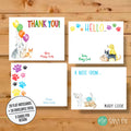personalized stationery sets designed for veterinary staff that include bright, colorful text and clipart images of cats, dogs and rainbow paw prints