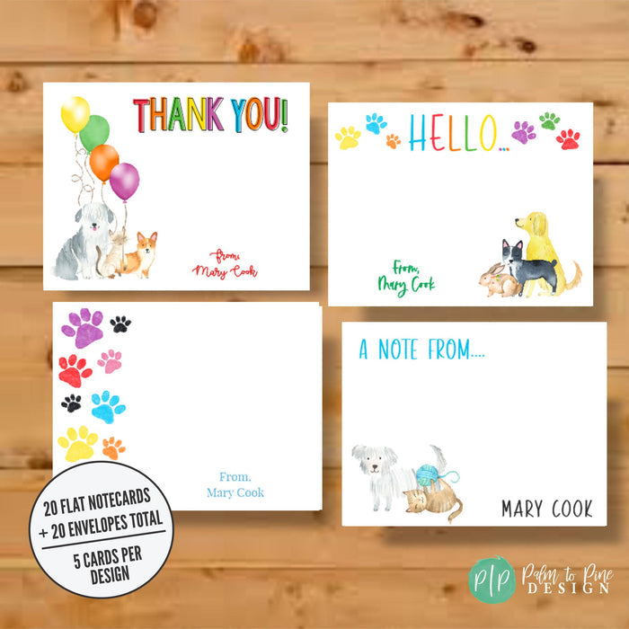 personalized stationery sets designed for veterinary staff that include bright, colorful text and clipart images of cats, dogs and rainbow paw prints