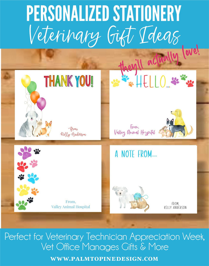 Personalized stationery set for veterinary staff featuring bright, colorful text and playful clipart of cats, dogs, and rainbow paw prints. Custom name printed on high-quality notepad and matching note cards, perfect for vet techs, veterinarians, and animal lovers