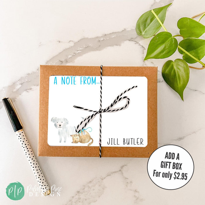 Bright and cheerful personalized stationery set for animal lovers, featuring playful cat and dog illustrations