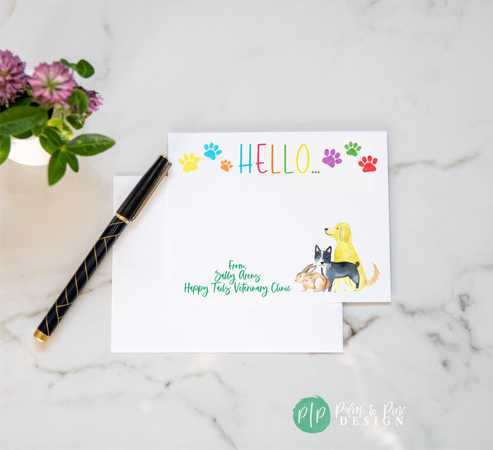 Custom name pet lovers stationery set with colorful designs, featuring cute cats, dogs, and rainbow paw prints. A fun and practical gift for vet staff, animal rescuers, and pet care professionals.