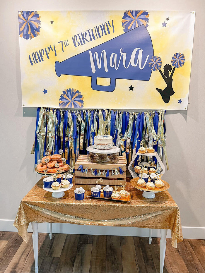 cheerleader birthday party in blue and gold color scheme
