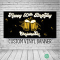 cheers and beers birthday banner with black background and gold beer mugs cheering, includes personalized Happy Birthday and name