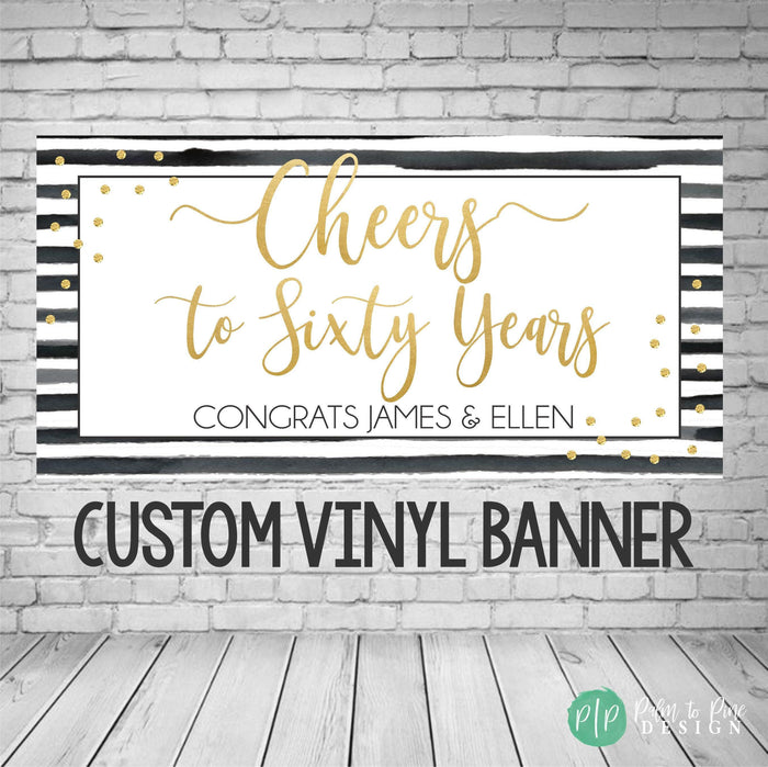 cheers to sixty years anniversary party banner in black and white stripes with gold confetti dots