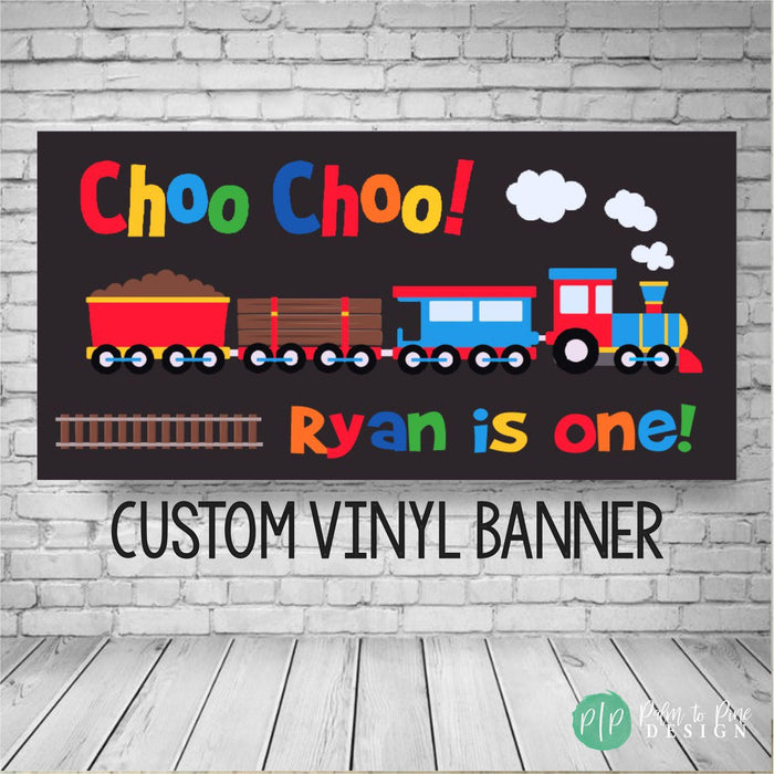 Train-Themed Birthday Banner for Kids in primary colors that reads choo choo with the birthday boys name and age