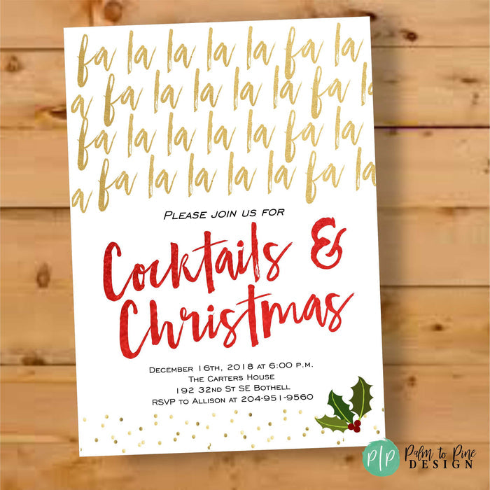 Red and gold Christmas cocktail party invitation, personalized with name and party details