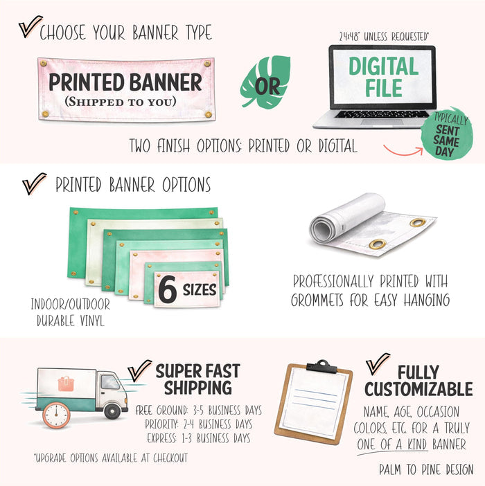 Palm to Pine Design banner ordering options showing digital or printed vinyl banner for indoor or outdoor use with grommets for hanging, available in 6 sizes from 18x36 to 48x96 inches with free shipping