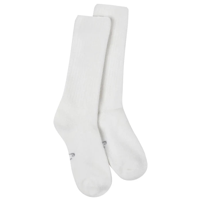 A pair of white crew socks.