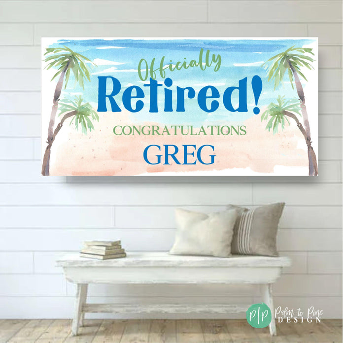 retirement banner in beach theme with palm trees and sandy beach theme in modern, minimalistic design