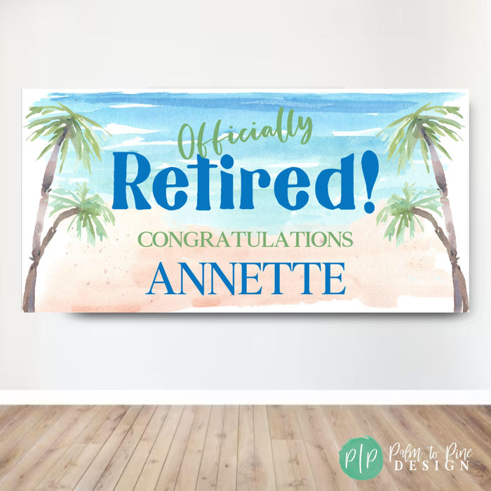 tropical retirement party background personalized with wording "officially retired" and retirees name