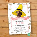 Pink and yellow Curious George monkey birthday invitation for girls, personalized with name and age