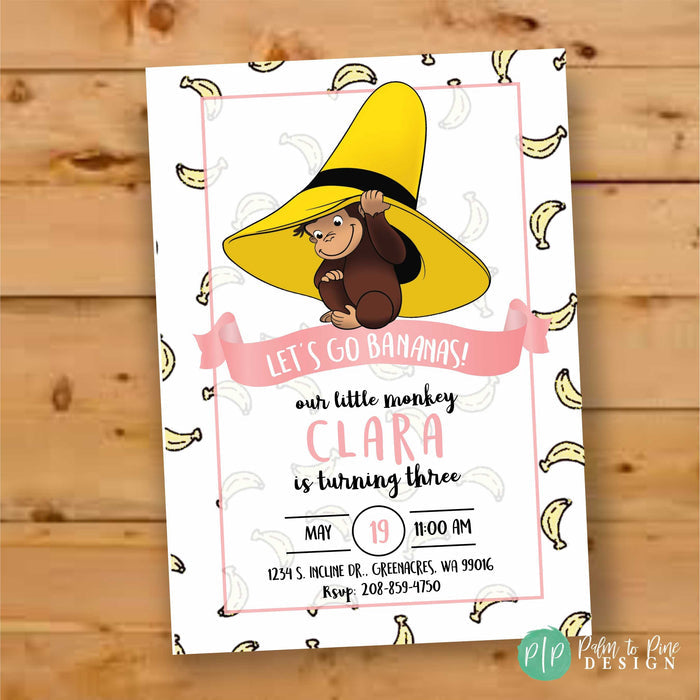 Pink and yellow Curious George monkey birthday invitation for girls, personalized with name and age