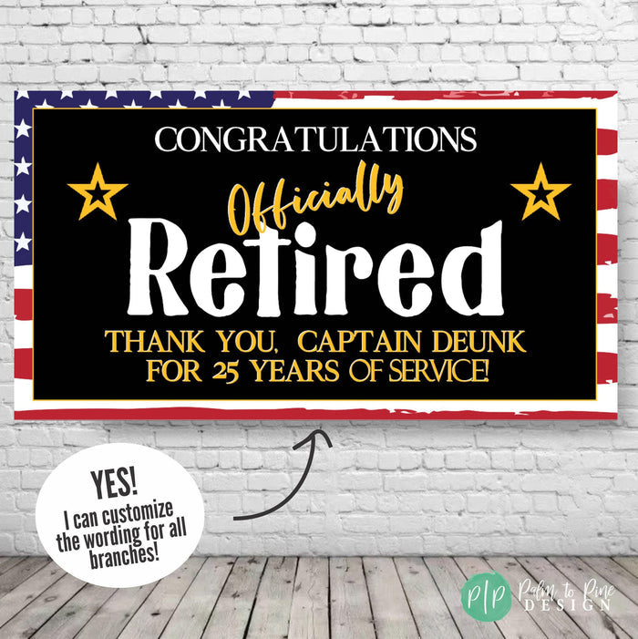 Military Retirement Banner with American Flag Background