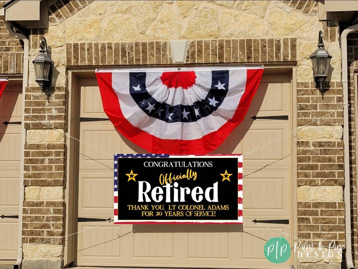 Patriotic Military Retirement Banner with red, white and blue stars and stripes