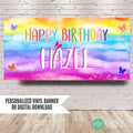 Watercolor Butterfly birthday banner in bright rainbow color scheme