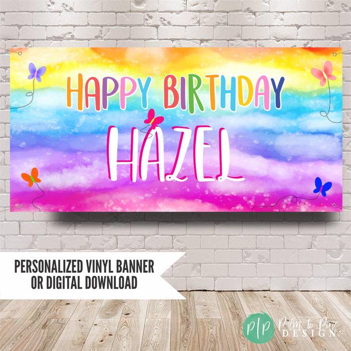 Watercolor Butterfly birthday banner in bright rainbow color scheme