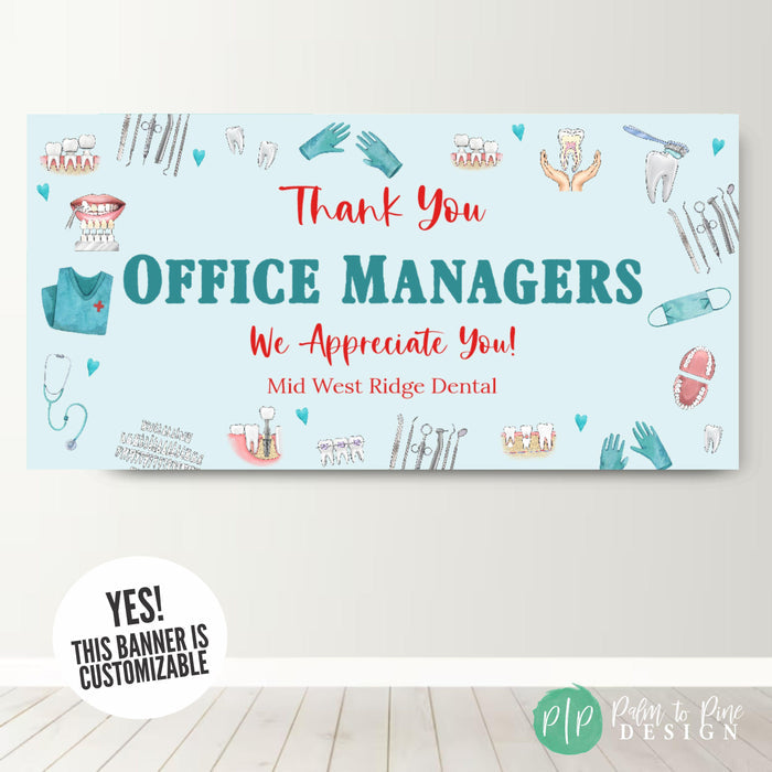 Dentist Office Manager Appreciation Banner with dental clipart and thank you message