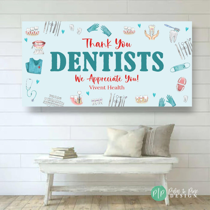 Dentist Appreciation Banner in light blue with dental clipart and thank you message