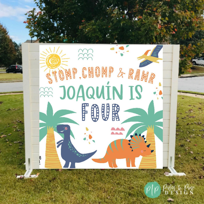 dinosaur birthday backdrop in front yard