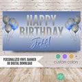 happy birthday banner in blue and silver with balloon bundles and color swatches that read custom colors available
