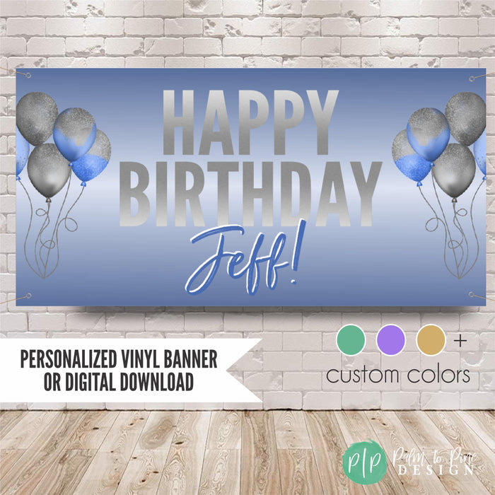 happy birthday banner in blue and silver with balloon bundles and color swatches that read custom colors available
