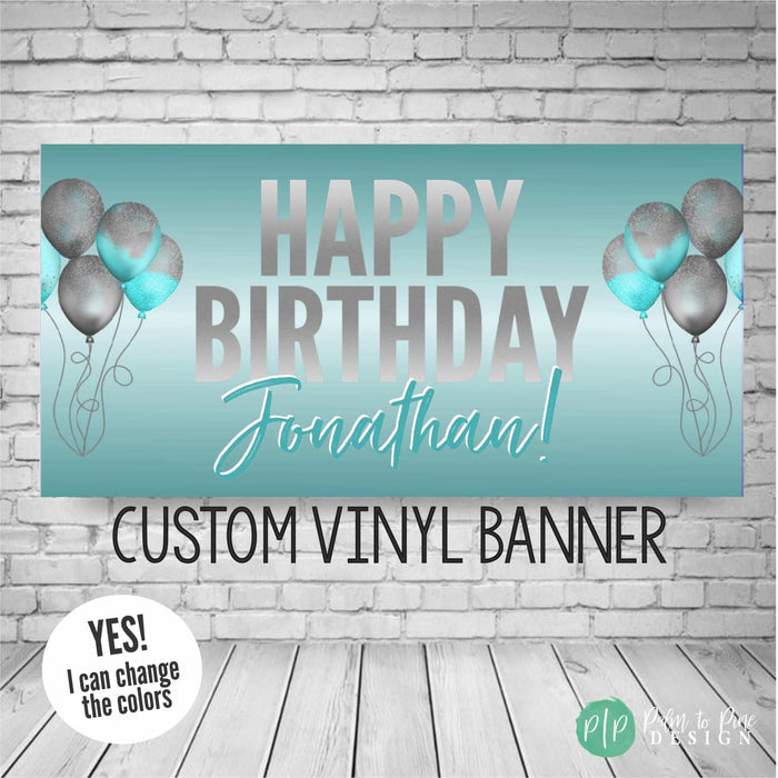 turquoise and silver birthday banner with balloons