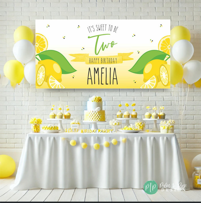 yellow, white and green lemon themed personalized birthday banner