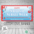 National Nurses Week Appreciation banner with medical equipment clipart, blue and red watercolor design