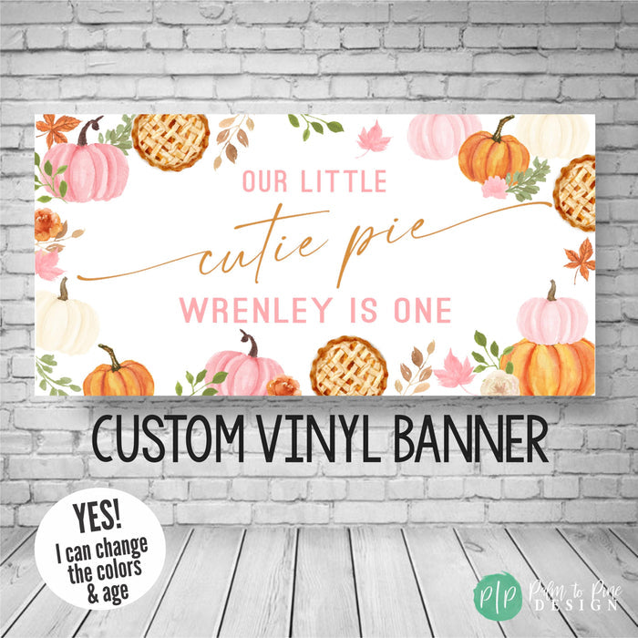 Fall Cutie Pie Birthday Banner for girls with light pink pumpkins, fall leaves and flowers, and fresh baked pies