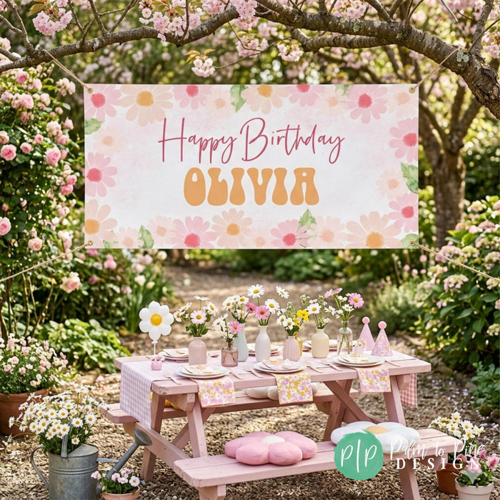 girls daisy birthday party set outdoors in beautiful garden party setting