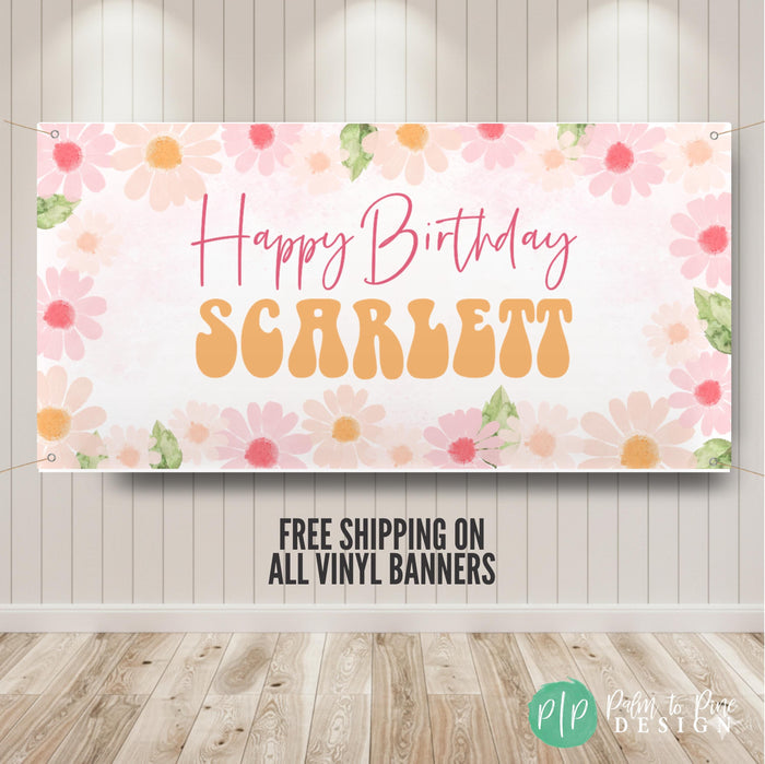 Happy Birthday Banner with Daisy decorations personalized for a girls birthday