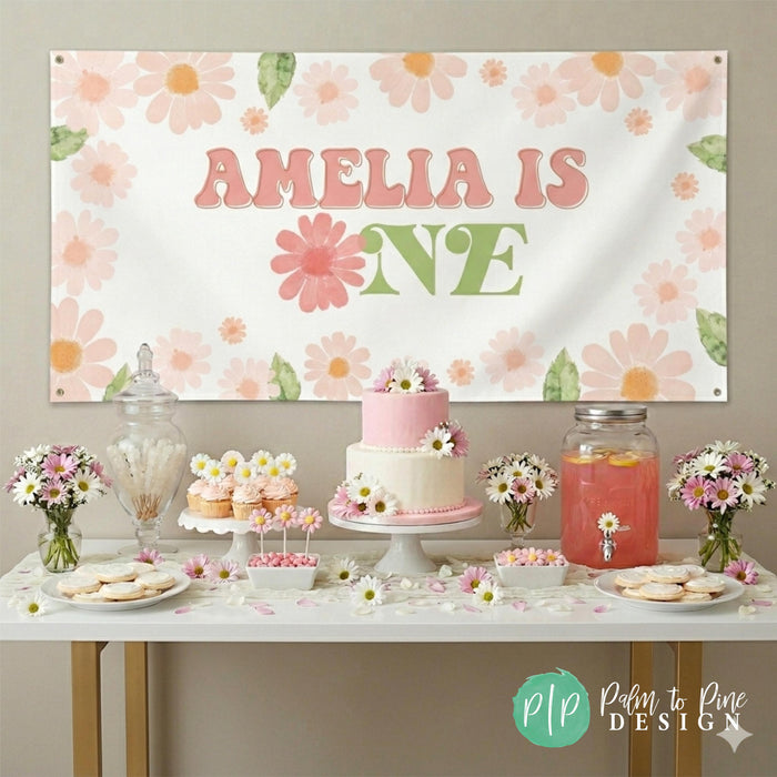 Daisy Birthday party with personalized banner for girls first birthday