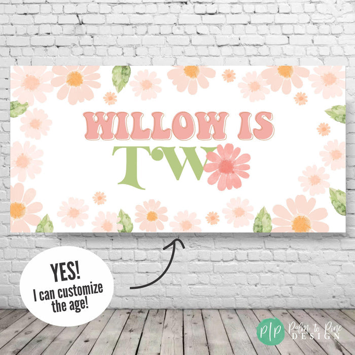 Watercolor daisy birthday banner with retro font and floral border design