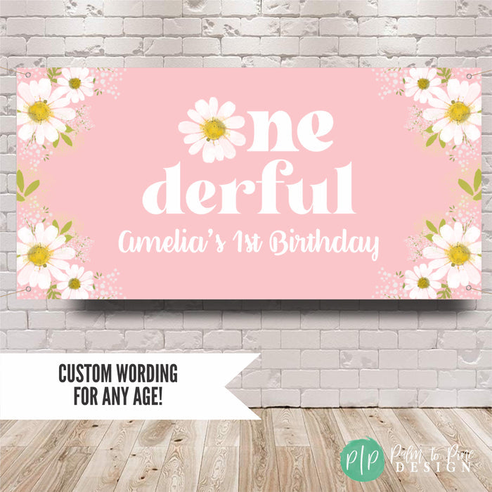 Onederful Daisy birthday banner for girls first birthday party in pink