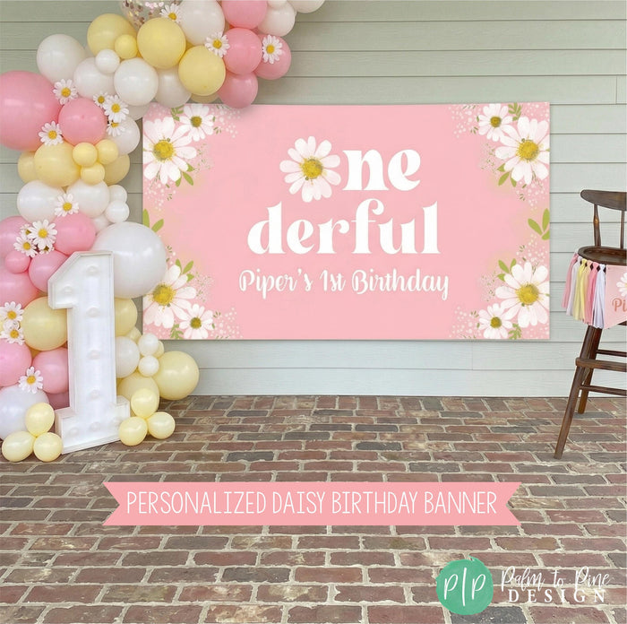 Personalized Floral Daisy first birthday highchair cake smash set up