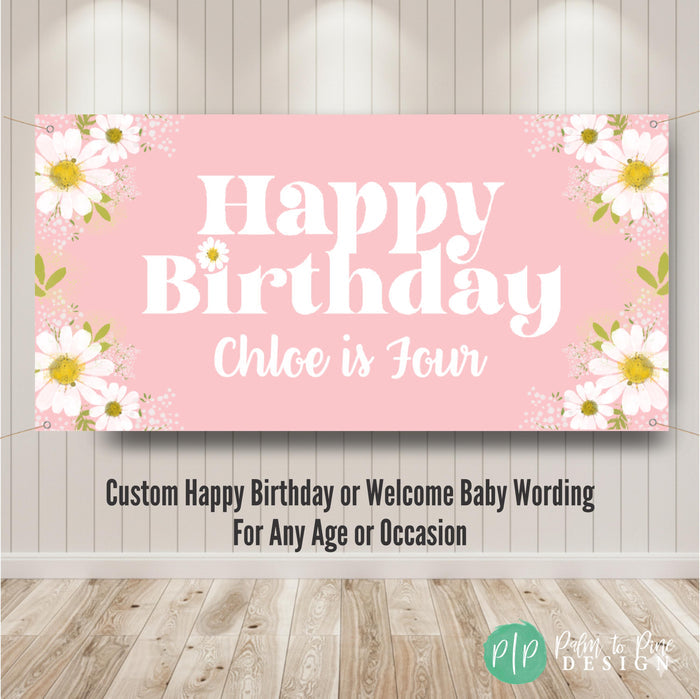 Daisy floral birthday banner for girls with Happy Birthday message and name and age