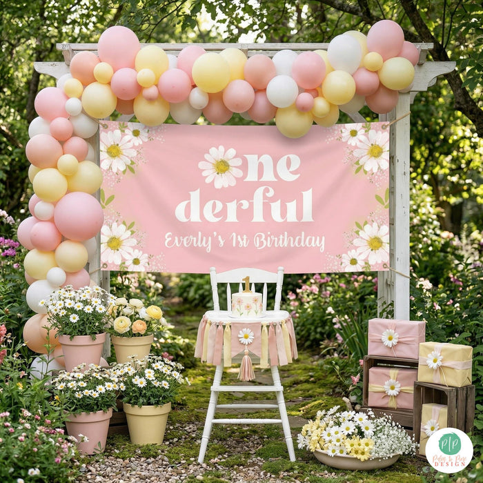 Enchanted garden daisy birthday banner displayed at first birthday with high chair cake smash photoshoot