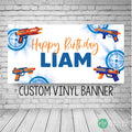 Dart Blaster Birthday Party Banner for boys with blue and orange color scheme