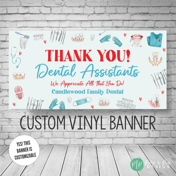 Dental assistants appreciation banner with dentist equipment, tools and teeth