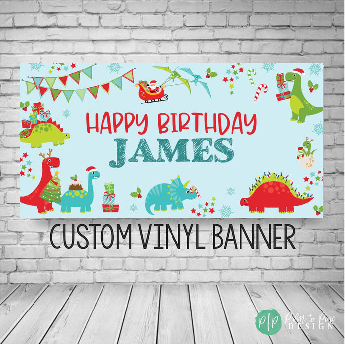Dino-Mite Christmas-themed dinosaur birthday banner, personalized with name and age