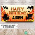 Dragon birthday banner for boys with fire and flames