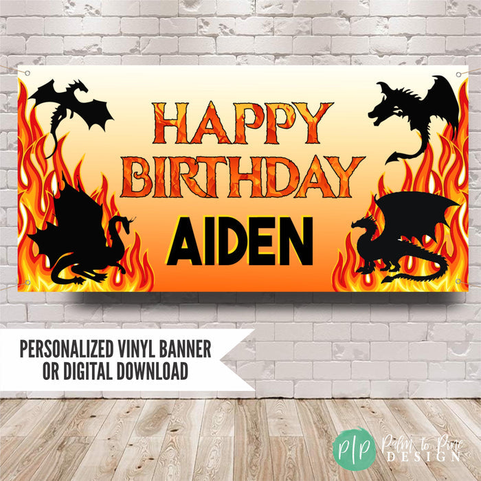 Dragon birthday banner for boys with fire and flames