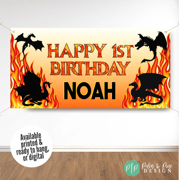 Boys first birthday banner in dragon and fire design, personalized with name and age
