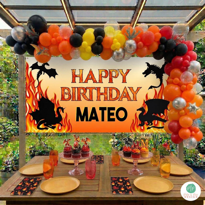 Boys dragon birthday with mythical fire and black dragon silhouette theme