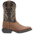 Brown and black cowboy boot with intricate stitching on a white background