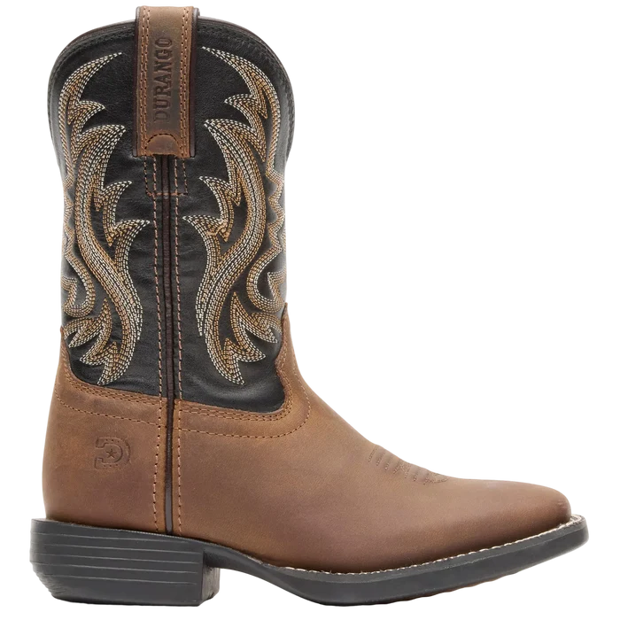 Brown and black cowboy boot with intricate stitching on a white background