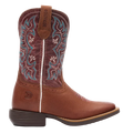 A single brown leather cowboy boot with turquoise and white embroidered floral detailing on the shaft, shown in profile against a light gray background. The pull tab is labeled 'DELANEO'.